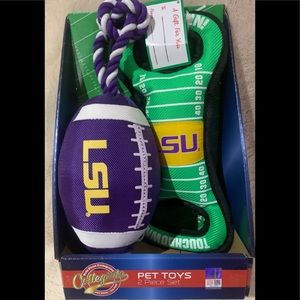 LSU Tigers Collegiate 2 Pc Dog Pet Toy Football Squeaky Field Gift Set New
